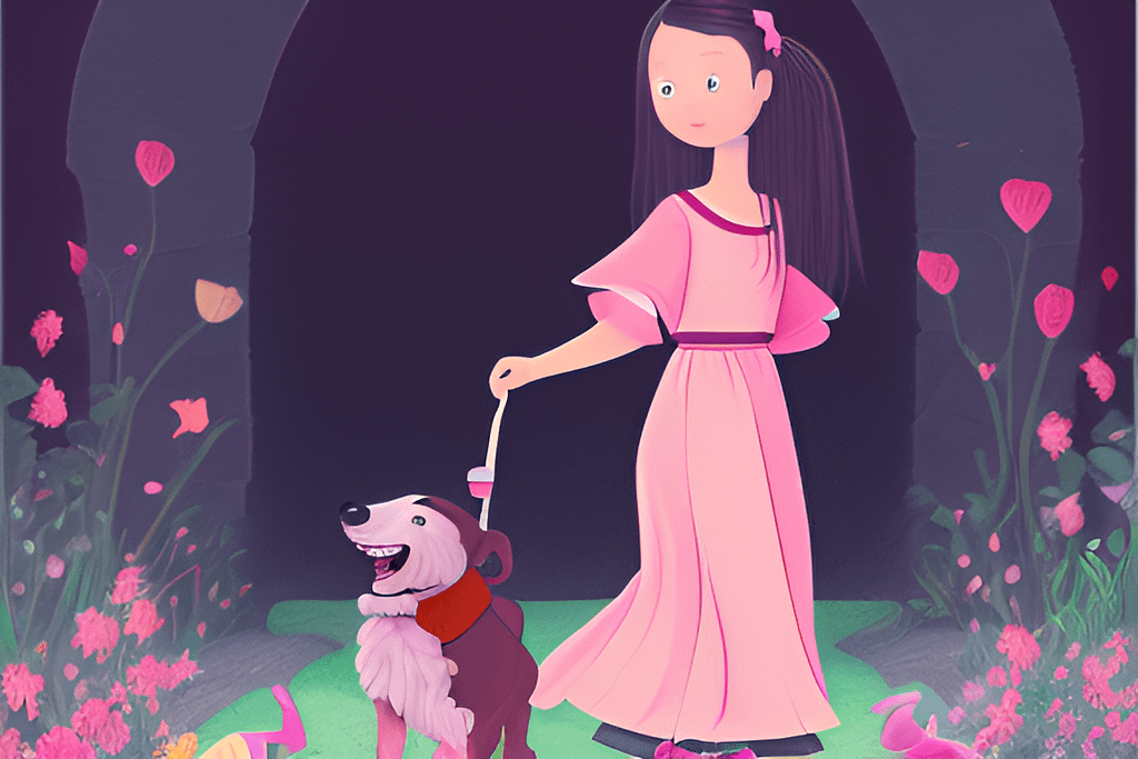 children_s_book_illustrations__young_girl_with_long_black_hair_wearing_a_pink_dress_and_sandals__walking_with_her_pet_dog__the_dog_has_brown_fur__the_girl_is_holding_a_bag_of_candies__p_3337633975